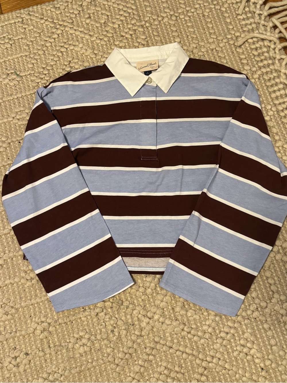 Women’s Stripede Rugby Shirt with White Collar - Light Blue & Brown